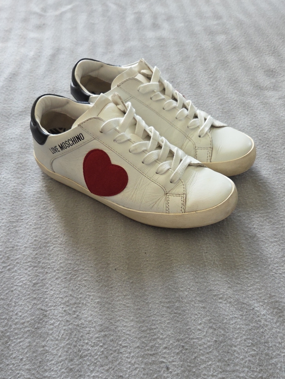 Love Moschino White Leather Sneakers with Red Heart and Black Heel